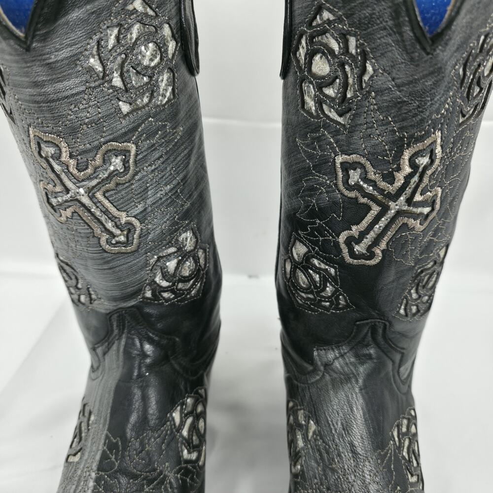 Ferrini Womens Cowboy Boots Size 9 B Black Leather Cross Rose Gothic Western - Picture 4 of 14